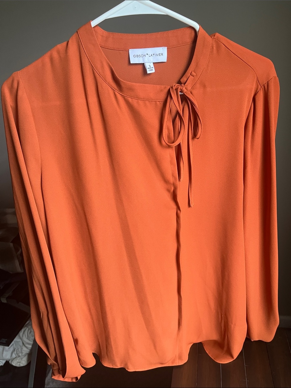 Gibson Latimer Orange Tie-Neck Long Sleeve Blouse